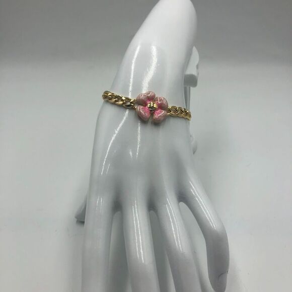 18K Gold Plated Women's Bracelet with Pink Flower Hypoallergenic Waterproof - Picture 5 of 10